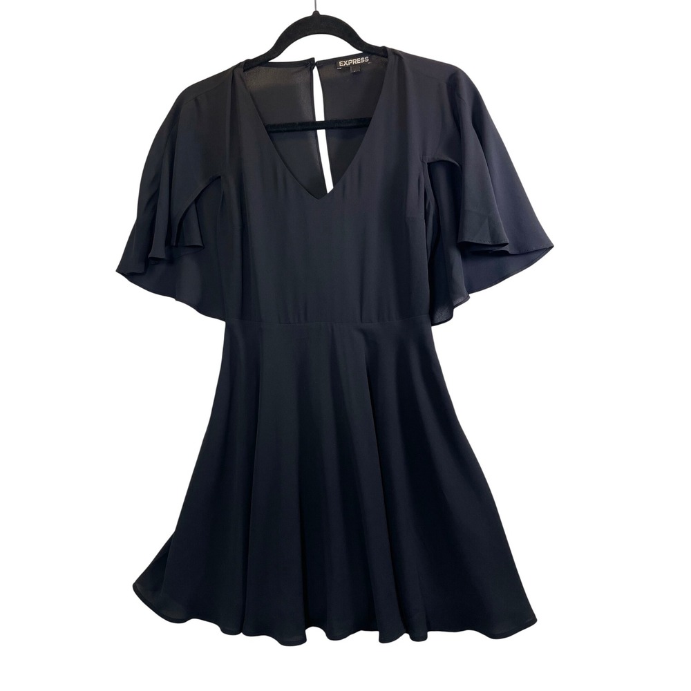 EXPRESS Women Dress Size 0 Black Flutter Sleeve V Neck Fit Flare Mini‎
